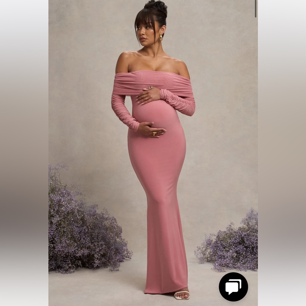 Club L London Dusty Rose Off-Shoulder Maternity Maxi Dress